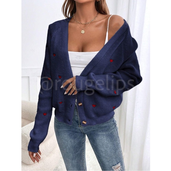 Embroidered Red Hearts Cardigan Navy Blue Oversized - Picture 2 of 9